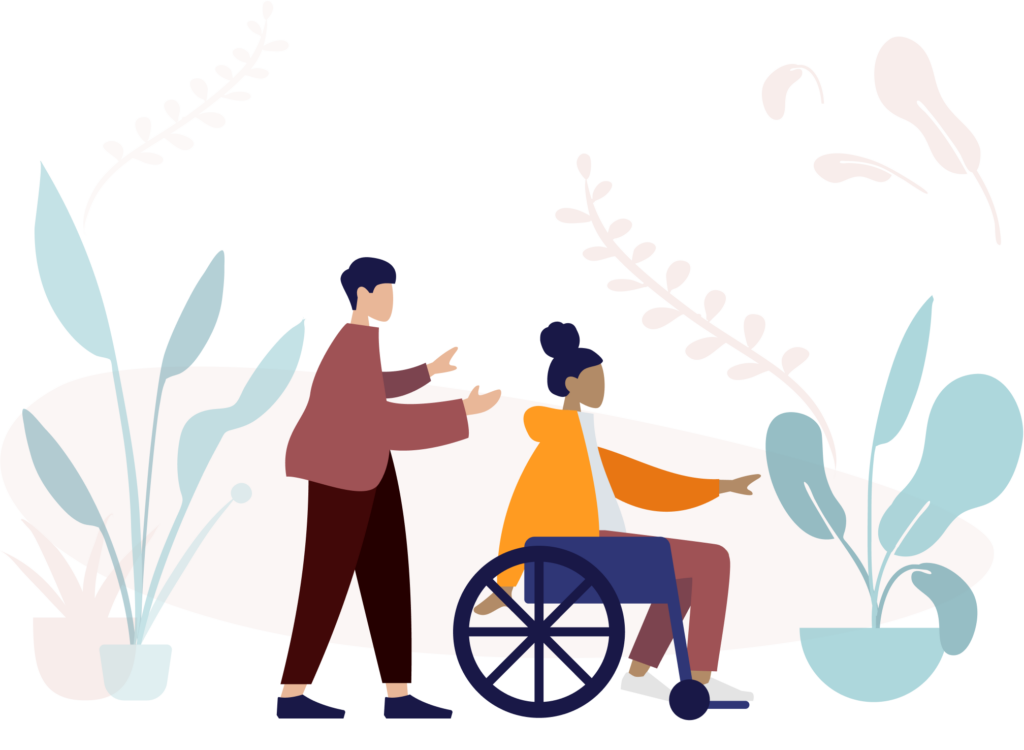 Illustration einer Assistenznehmerin mit ihrem Assistenten unterwegs